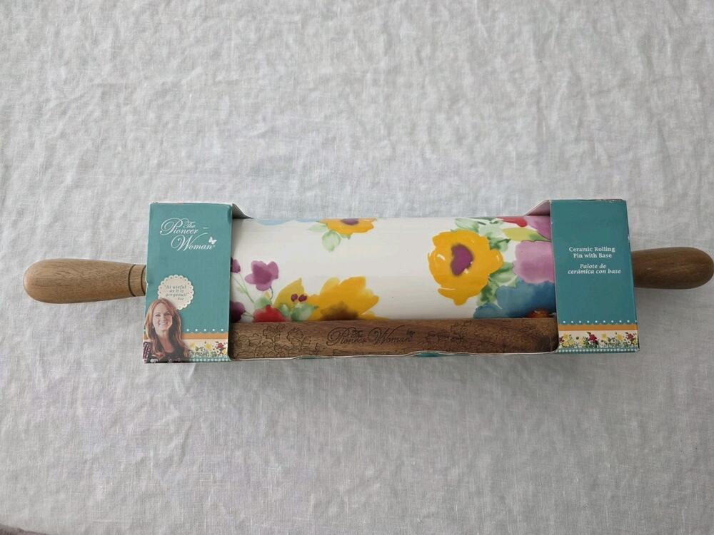 The Pioneer Woman Floral Ceramic Rolling Pin Acacia Wood Handle Cottagecore Gift